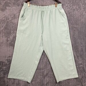 Anyhold Wide Leg Cropped Capri Pants Women's XL Green Elastic Waist Casual
